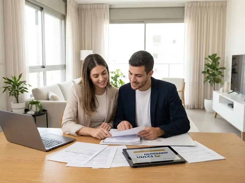 זוג צעירים יושבים ביחד ועוברים על מסמכי משכנתא בבית