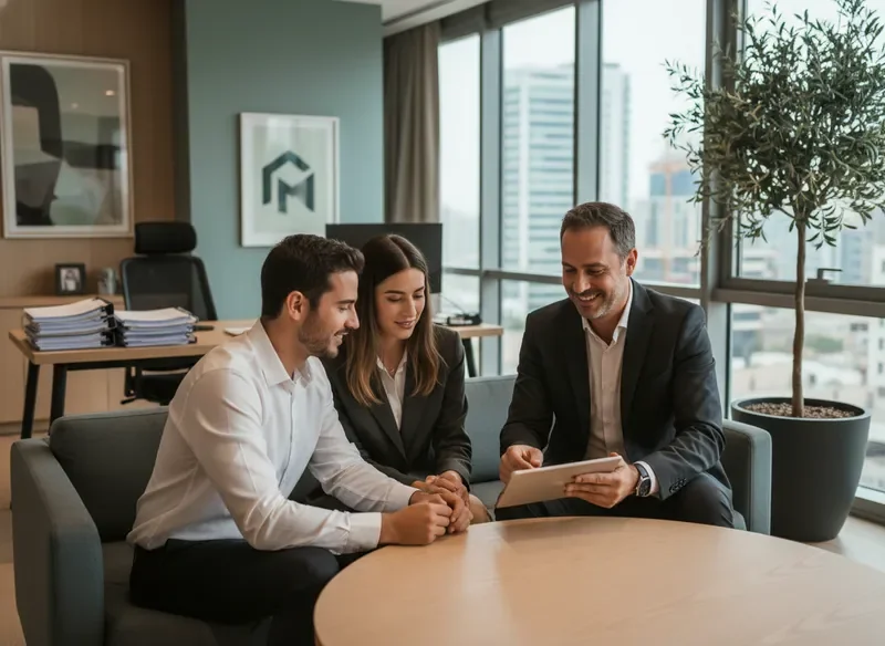 יועץ משכנתאות מייעץ לזוג צעיר במשרד המרכז למשכנתאות